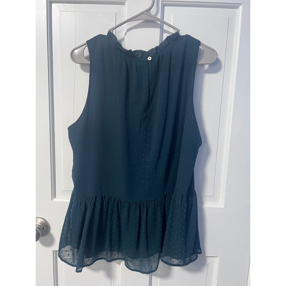 LOFT Womens Large Teal Green Clip Dot Ruffle Neck Peplum Sleeveless Blouse Top - Picture 2 of 5